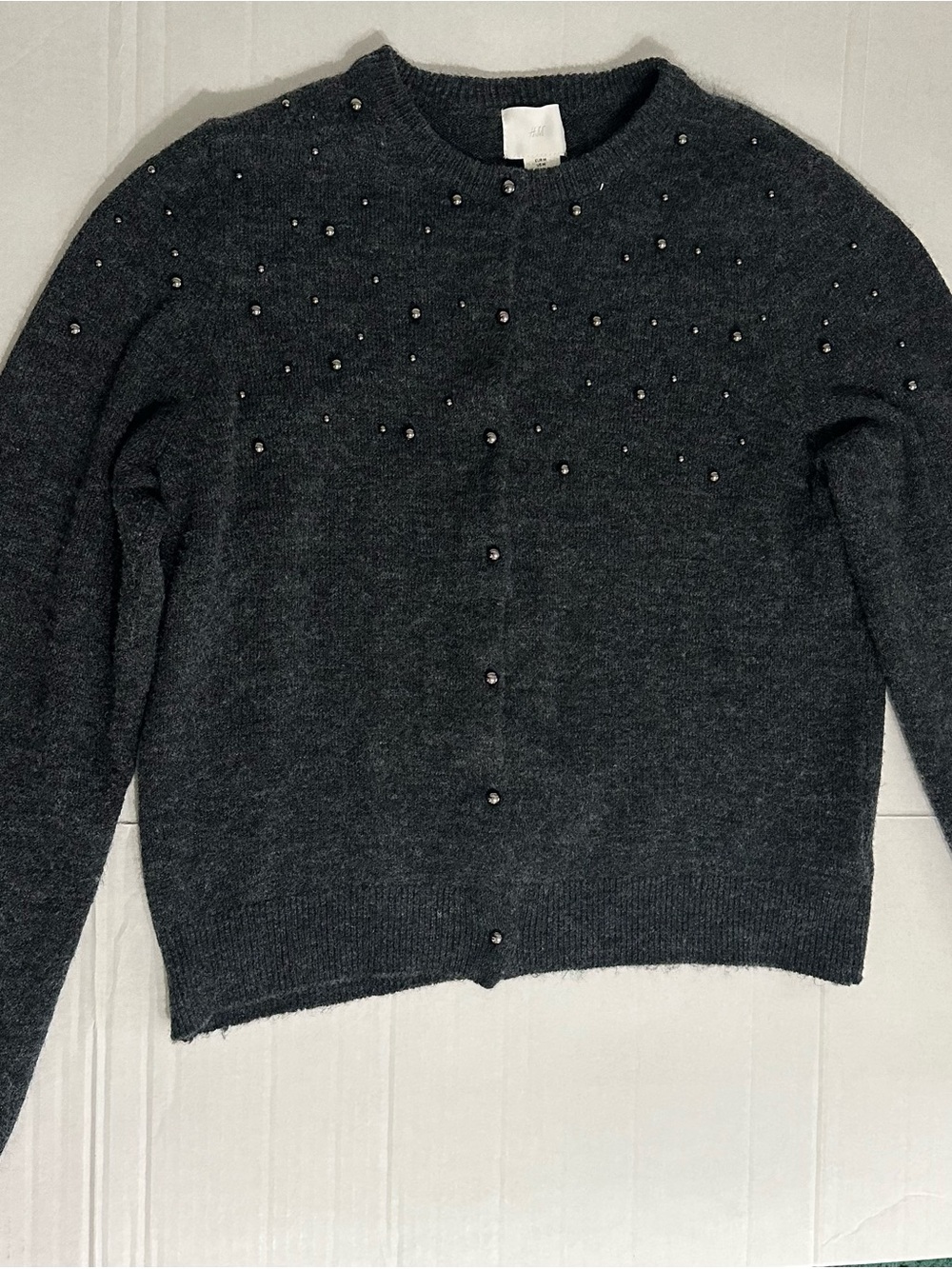 H&M Dark Gray Pearl-Accent Women's Cardigan, Preowned like new, size medium